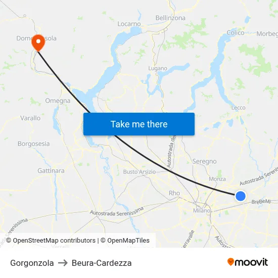 Gorgonzola to Beura-Cardezza map