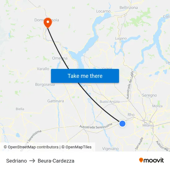 Sedriano to Beura-Cardezza map