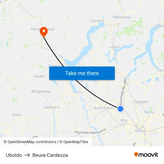Uboldo to Beura-Cardezza map