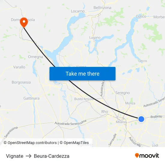 Vignate to Beura-Cardezza map