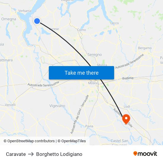 Caravate to Borghetto Lodigiano map