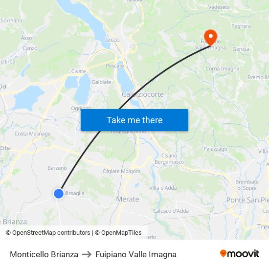 Monticello Brianza to Fuipiano Valle Imagna map