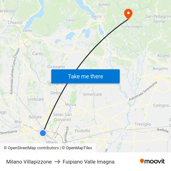 Milano Villapizzone to Fuipiano Valle Imagna map