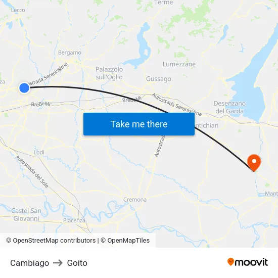 Cambiago to Goito map