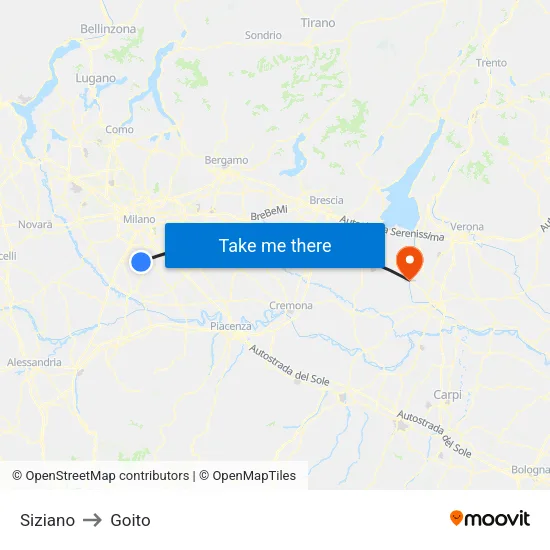 Siziano to Goito map