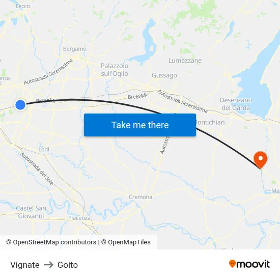 Vignate to Goito map