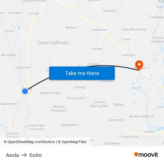 Asola to Goito map