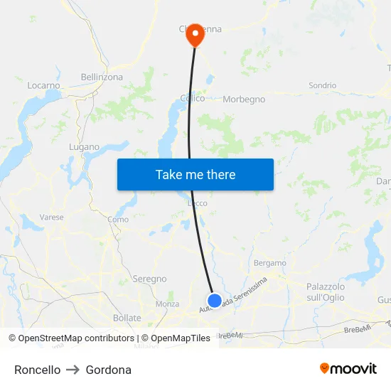 Roncello to Gordona map