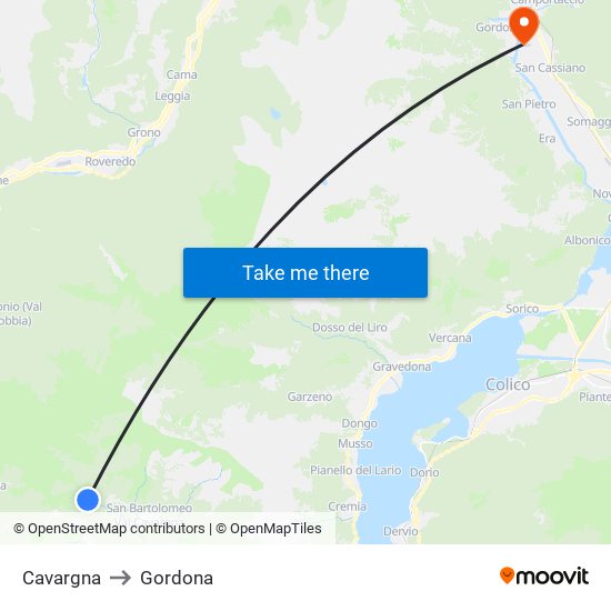 Cavargna to Gordona map