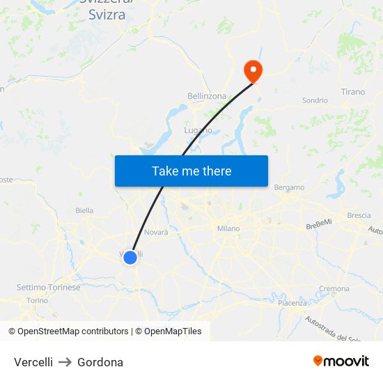 Vercelli to Gordona map