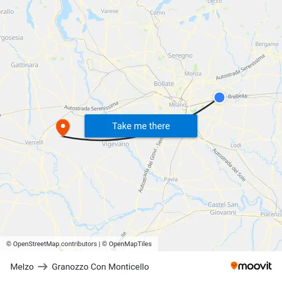 Melzo to Granozzo Con Monticello map
