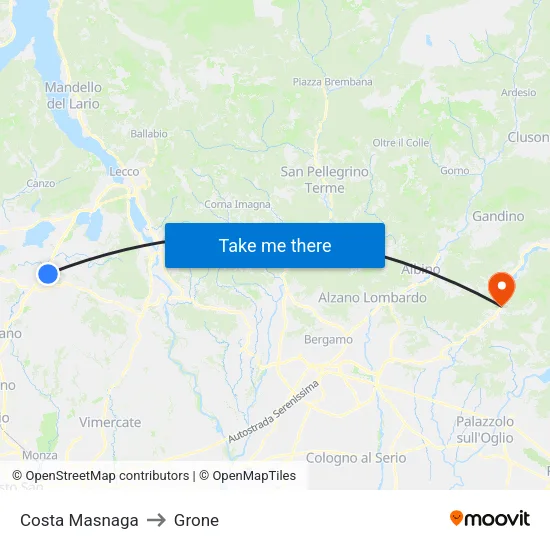 Costa Masnaga to Grone map
