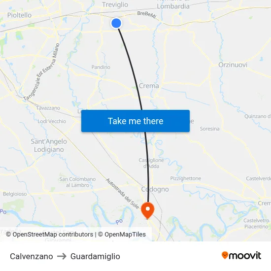 Calvenzano to Guardamiglio map