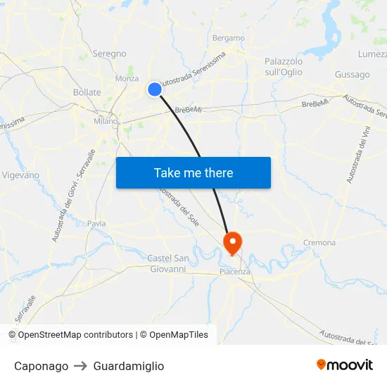 Caponago to Guardamiglio map