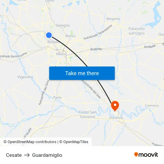 Cesate to Guardamiglio map