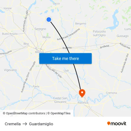 Cremella to Guardamiglio map