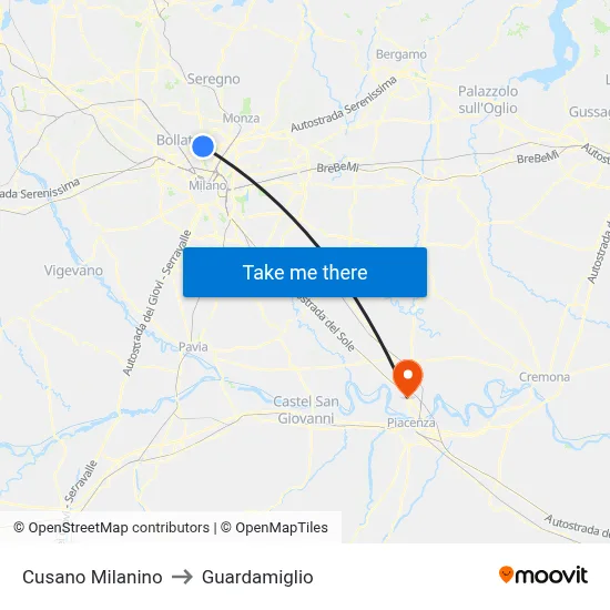 Cusano Milanino to Guardamiglio map
