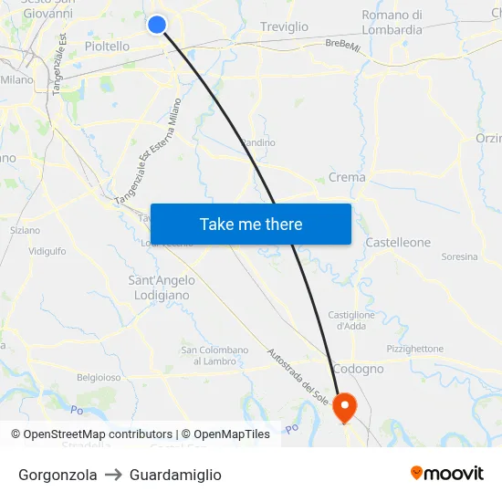 Gorgonzola to Guardamiglio map