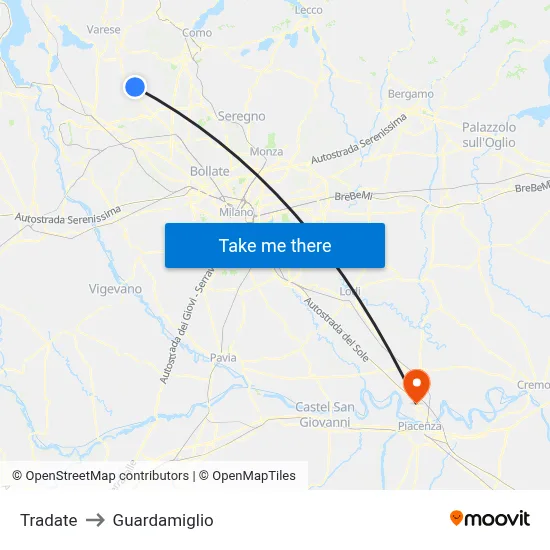 Tradate to Guardamiglio map