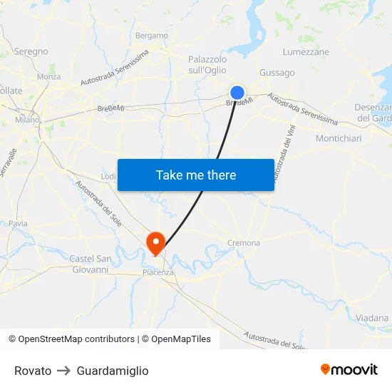 Rovato to Guardamiglio map