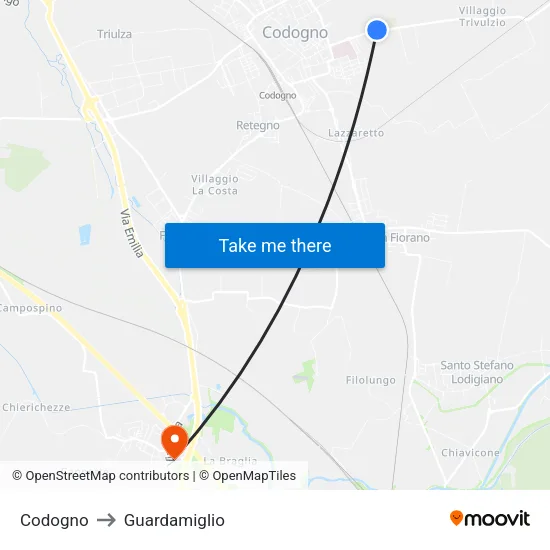 Codogno to Guardamiglio map
