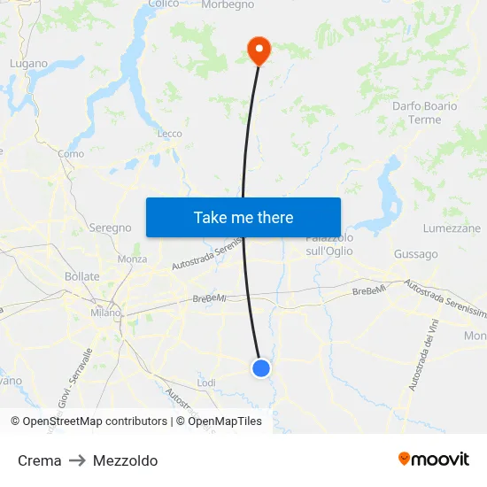 Crema to Mezzoldo map