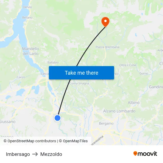 Imbersago to Mezzoldo map