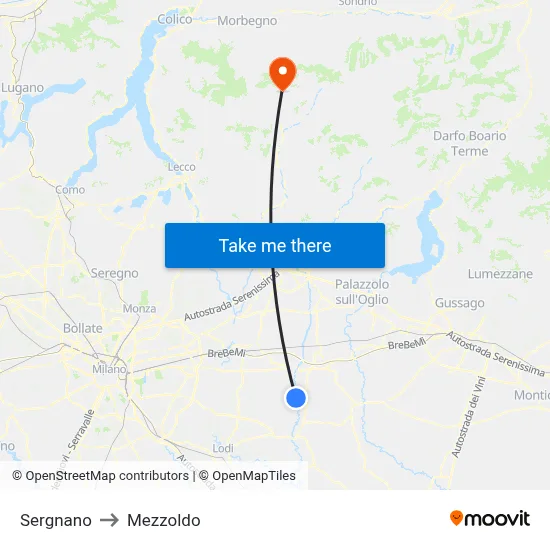 Sergnano to Mezzoldo map
