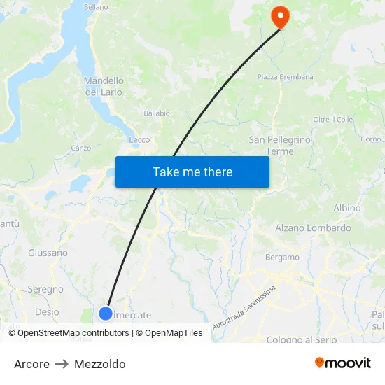Arcore to Mezzoldo map