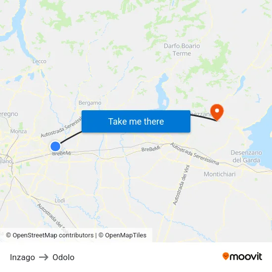 Inzago to Odolo map