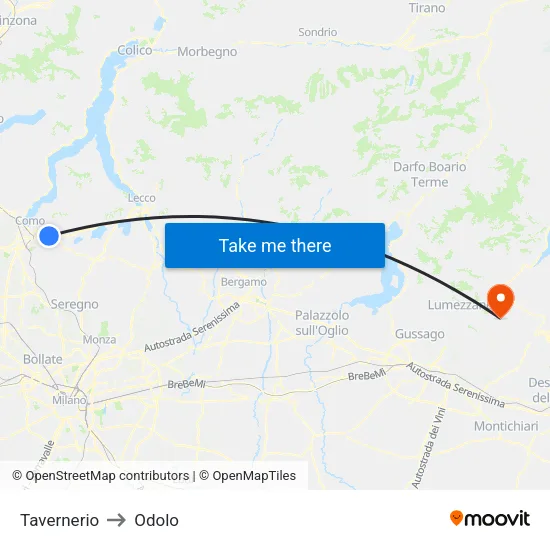 Tavernerio to Odolo map