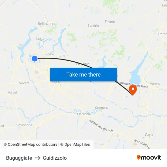 Buguggiate to Guidizzolo map