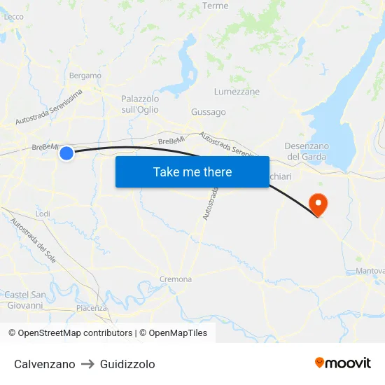 Calvenzano to Guidizzolo map