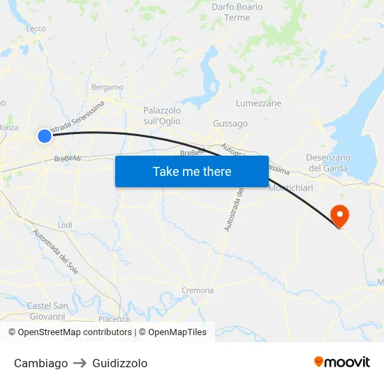 Cambiago to Guidizzolo map
