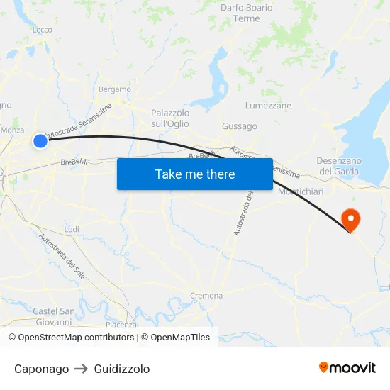 Caponago to Guidizzolo map
