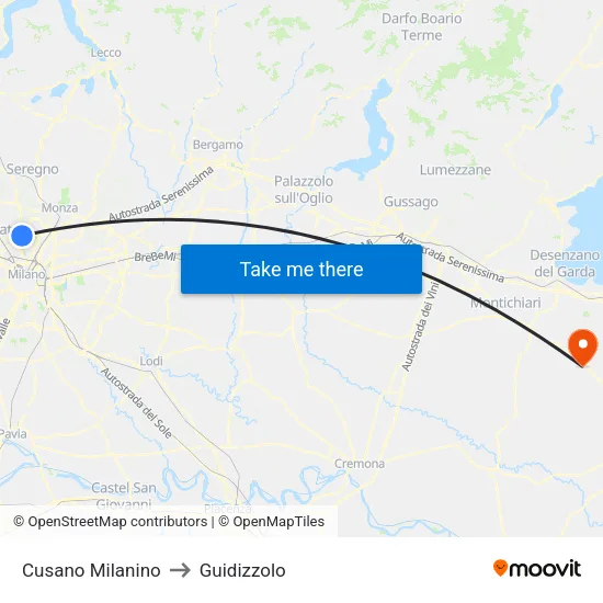 Cusano Milanino to Guidizzolo map