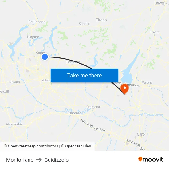 Montorfano to Guidizzolo map