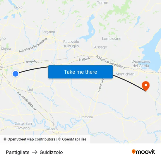 Pantigliate to Guidizzolo map