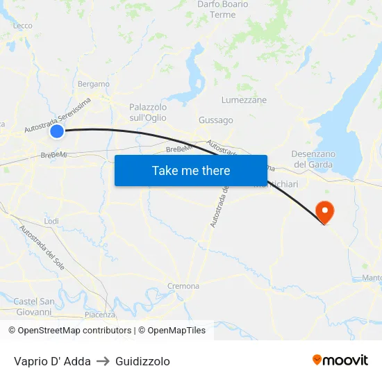 Vaprio D' Adda to Guidizzolo map