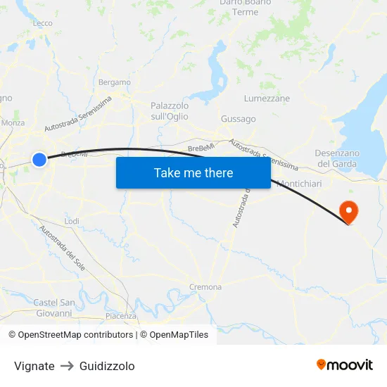 Vignate to Guidizzolo map