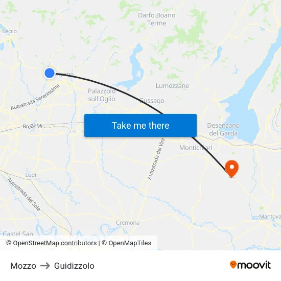 Mozzo to Guidizzolo map