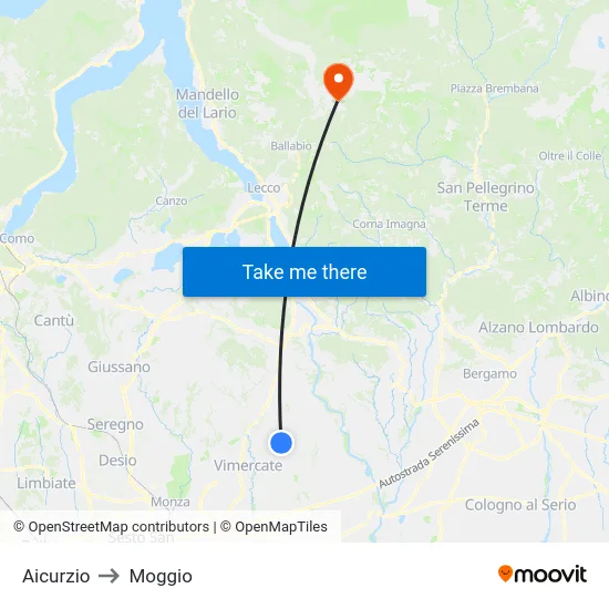 Aicurzio to Moggio map