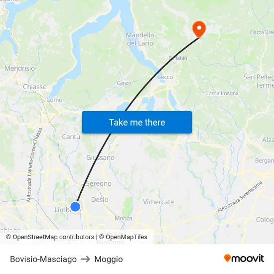 Bovisio-Masciago to Moggio map