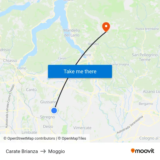 Carate Brianza to Moggio map