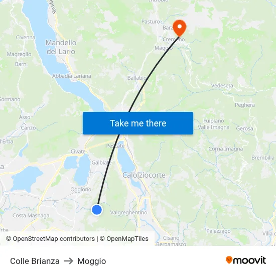 Colle Brianza to Moggio map