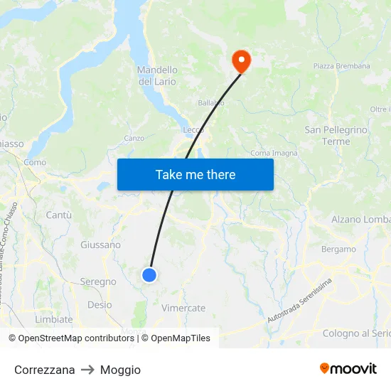 Correzzana to Moggio map