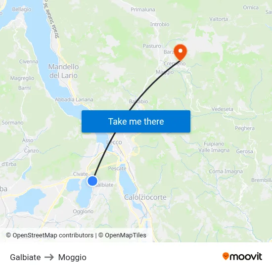 Galbiate to Moggio map