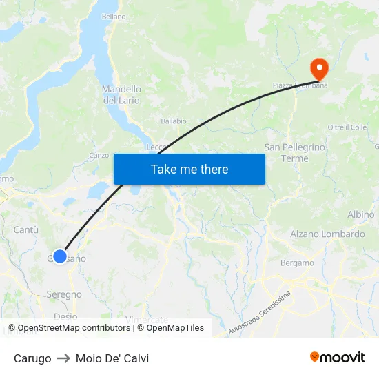 Carugo to Moio De' Calvi map