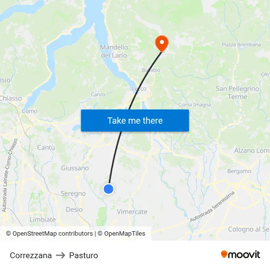 Correzzana to Pasturo map