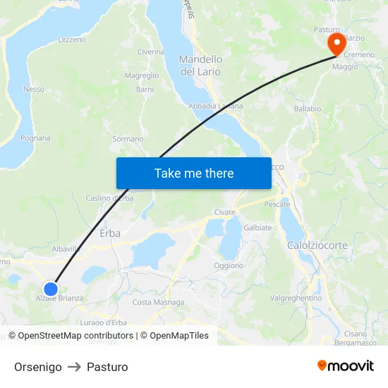 Orsenigo to Pasturo map